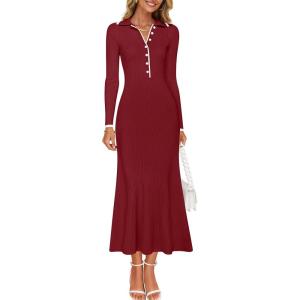 imageZESICA Womens Long Sleeve Sweater Dress 2025 Spring V Neck Ribbed Knit Casual Formal Cocktail Bodycon Maxi DressesRed