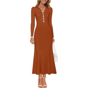 imageZESICA Womens Long Sleeve Sweater Dress 2025 Spring V Neck Ribbed Knit Casual Formal Cocktail Bodycon Maxi DressesRust
