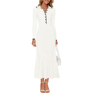 imageZESICA Womens Long Sleeve Sweater Dress 2025 Spring V Neck Ribbed Knit Casual Formal Cocktail Bodycon Maxi DressesWhite