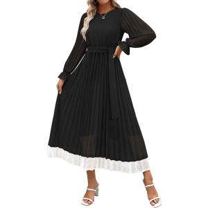 imageZESICA Womens Spring Long Sleeve Chiffon Dress Casual Crew Neck Pleated A Line Flowy Midi Dresses with BeltBlack