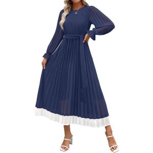 imageZESICA Womens Spring Long Sleeve Chiffon Dress Casual Crew Neck Pleated A Line Flowy Midi Dresses with BeltDark Blue