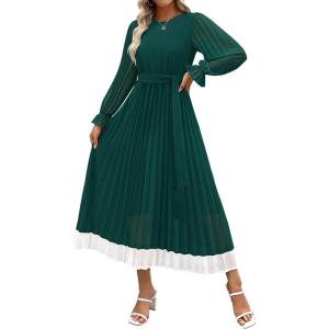imageZESICA Womens Spring Long Sleeve Chiffon Dress Casual Crew Neck Pleated A Line Flowy Midi Dresses with BeltDark Green