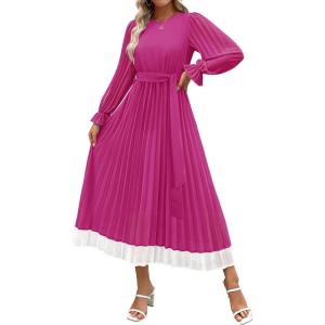 imageZESICA Womens Spring Long Sleeve Chiffon Dress Casual Crew Neck Pleated A Line Flowy Midi Dresses with BeltDeep Rose