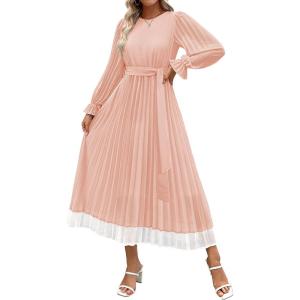 imageZESICA Womens Spring Long Sleeve Chiffon Dress Casual Crew Neck Pleated A Line Flowy Midi Dresses with BeltLight Pink