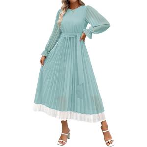 imageZESICA Womens Spring Long Sleeve Chiffon Dress Casual Crew Neck Pleated A Line Flowy Midi Dresses with BeltSage