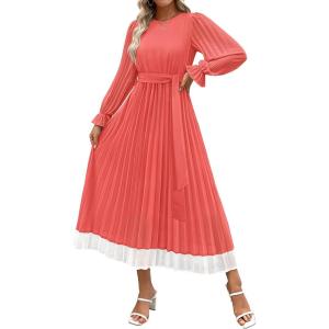 imageZESICA Womens Spring Long Sleeve Chiffon Dress Casual Crew Neck Pleated A Line Flowy Midi Dresses with BeltWatermelon