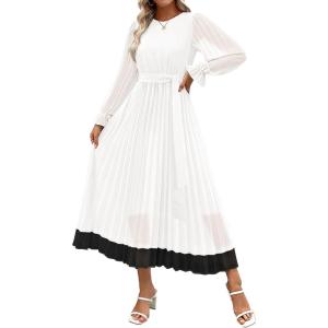 imageZESICA Womens Spring Long Sleeve Chiffon Dress Casual Crew Neck Pleated A Line Flowy Midi Dresses with BeltWhite