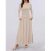 imageZESICA Womens Long Sleeve Spring Maxi Dress 2025 Crewneck Knit Casual Slim Swing Pleated Dresses with PocketsSand
