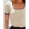 imageZESICA Womens Short Sleeve Square Neck Color Block T Shirt 2025 Summer Slim Fit Ribbed Knit Basic Tee TopsApricot
