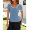 imageZESICA Womens Short Sleeve Square Neck Color Block T Shirt 2025 Summer Slim Fit Ribbed Knit Basic Tee TopsBlue