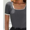 imageZESICA Womens Short Sleeve Square Neck Color Block T Shirt 2025 Summer Slim Fit Ribbed Knit Basic Tee TopsDarkgrey