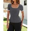 imageZESICA Womens Short Sleeve Square Neck Color Block T Shirt 2025 Summer Slim Fit Ribbed Knit Basic Tee TopsDarkgrey