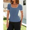 imageZESICA Womens Short Sleeve Square Neck Color Block T Shirt 2025 Summer Slim Fit Ribbed Knit Basic Tee TopsDustyblue