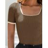 imageZESICA Womens Short Sleeve Square Neck Color Block T Shirt 2025 Summer Slim Fit Ribbed Knit Basic Tee TopsMocha