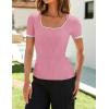 imageZESICA Womens Short Sleeve Square Neck Color Block T Shirt 2025 Summer Slim Fit Ribbed Knit Basic Tee TopsPink
