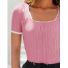 imageZESICA Womens Short Sleeve Square Neck Color Block T Shirt 2025 Summer Slim Fit Ribbed Knit Basic Tee TopsPink