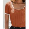 imageZESICA Womens Short Sleeve Square Neck Color Block T Shirt 2025 Summer Slim Fit Ribbed Knit Basic Tee TopsRust