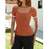 imageZESICA Womens Short Sleeve Square Neck Color Block T Shirt 2025 Summer Slim Fit Ribbed Knit Basic Tee TopsRust