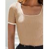 imageZESICA Womens Short Sleeve Square Neck Color Block T Shirt 2025 Summer Slim Fit Ribbed Knit Basic Tee TopsToffee