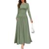imageZESICA Womens Long Sleeve Spring Maxi Dress 2025 Crewneck Knit Casual Slim Swing Pleated Dresses with PocketsBean Green