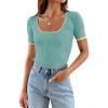 imageZESICA Womens Short Sleeve Square Neck Color Block T Shirt 2025 Summer Slim Fit Ribbed Knit Basic Tee TopsMint