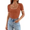 imageZESICA Womens Short Sleeve Square Neck Color Block T Shirt 2025 Summer Slim Fit Ribbed Knit Basic Tee TopsRust