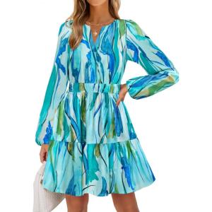 imageZESICA Fall Dresses for Women 2025 Boho Floral V Neck Long Sleeve Smocked ALine Flowy Casual Mini Dress with PocketsLake