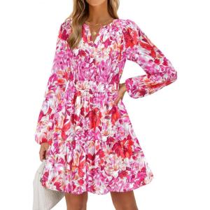 imageZESICA Fall Dresses for Women 2025 Boho Floral V Neck Long Sleeve Smocked ALine Flowy Casual Mini Dress with PocketsRed