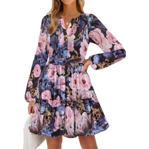 imageZESICA Fall Dresses for Women 2025 Boho Floral V Neck Long Sleeve Smocked ALine Flowy Casual Mini Dress with PocketsRoyal