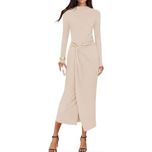 imageZESICA Womens 2025 Fall Long Sleeve Bodycon Dress Mock Neck Wedding Guest Cocktail Party Long Midi DressesApricot