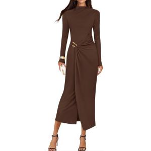 imageZESICA Womens 2025 Fall Long Sleeve Bodycon Dress Mock Neck Wedding Guest Cocktail Party Long Midi DressesBrown