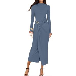 imageZESICA Womens 2025 Fall Long Sleeve Bodycon Dress Mock Neck Wedding Guest Cocktail Party Long Midi DressesDustyblue