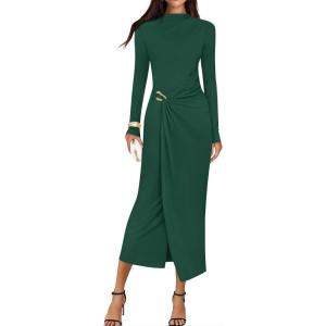 imageZESICA Womens 2025 Fall Long Sleeve Bodycon Dress Mock Neck Wedding Guest Cocktail Party Long Midi DressesGreen