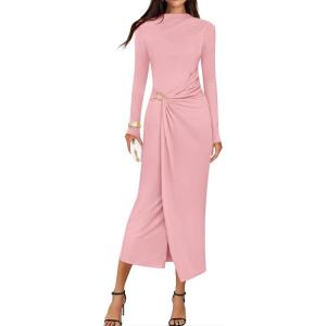 imageZESICA Womens 2025 Fall Long Sleeve Bodycon Dress Mock Neck Wedding Guest Cocktail Party Long Midi DressesPink