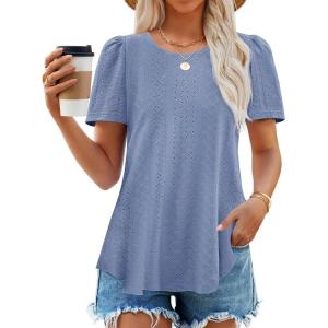 imageZESICA Womens 2025 Short Sleeve Eyelet T Shirts Crew Neck Flowy Loose fit Summer Basic Casual BlousesBlue