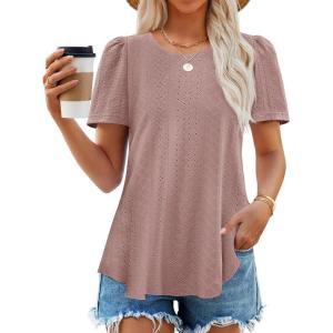 imageZESICA Womens 2025 Short Sleeve Eyelet T Shirts Crew Neck Flowy Loose fit Summer Basic Casual BlousesDustypink