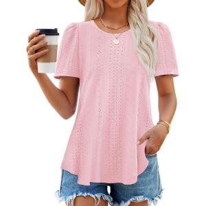 imageZESICA Womens 2025 Short Sleeve Eyelet T Shirts Crew Neck Flowy Loose fit Summer Basic Casual BlousesPink