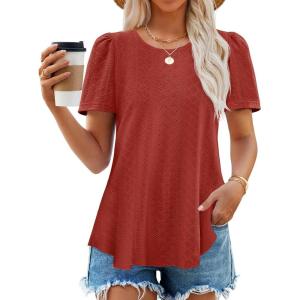 imageZESICA Womens 2025 Short Sleeve Eyelet T Shirts Crew Neck Flowy Loose fit Summer Basic Casual BlousesRust