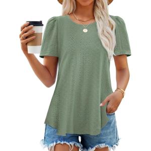 imageZESICA Womens 2025 Short Sleeve Eyelet T Shirts Crew Neck Flowy Loose fit Summer Basic Casual BlousesSage