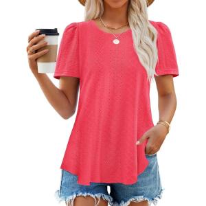 imageZESICA Womens 2025 Short Sleeve Eyelet T Shirts Crew Neck Flowy Loose fit Summer Basic Casual BlousesWatermelonred