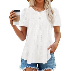 imageZESICA Womens 2025 Short Sleeve Eyelet T Shirts Crew Neck Flowy Loose fit Summer Basic Casual BlousesWhite