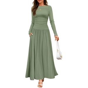 imageZESICA Womens Long Sleeve Spring Maxi Dress 2025 Crewneck Knit Casual Slim Swing Pleated Dresses with PocketsBean Green