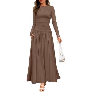 imageZESICA Womens Long Sleeve Spring Maxi Dress 2025 Crewneck Knit Casual Slim Swing Pleated Dresses with PocketsBrown