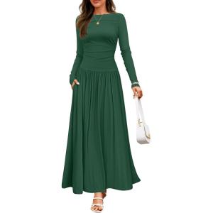 imageZESICA Womens Long Sleeve Spring Maxi Dress 2025 Crewneck Knit Casual Slim Swing Pleated Dresses with PocketsDark Green