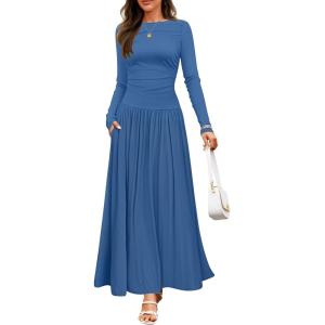 imageZESICA Womens Long Sleeve Spring Maxi Dress 2025 Crewneck Knit Casual Slim Swing Pleated Dresses with PocketsNavy