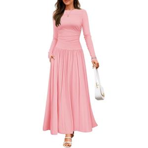 imageZESICA Womens Long Sleeve Spring Maxi Dress 2025 Crewneck Knit Casual Slim Swing Pleated Dresses with PocketsPink