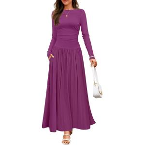 imageZESICA Womens Long Sleeve Spring Maxi Dress 2025 Crewneck Knit Casual Slim Swing Pleated Dresses with PocketsPlum