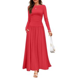 imageZESICA Womens Long Sleeve Spring Maxi Dress 2025 Crewneck Knit Casual Slim Swing Pleated Dresses with PocketsRed