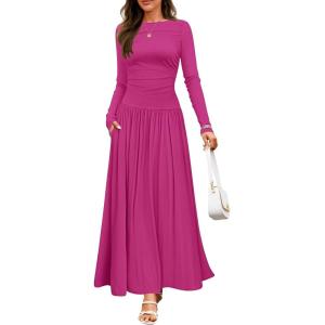 imageZESICA Womens Long Sleeve Spring Maxi Dress 2025 Crewneck Knit Casual Slim Swing Pleated Dresses with PocketsRose