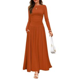 imageZESICA Womens Long Sleeve Spring Maxi Dress 2025 Crewneck Knit Casual Slim Swing Pleated Dresses with PocketsRust